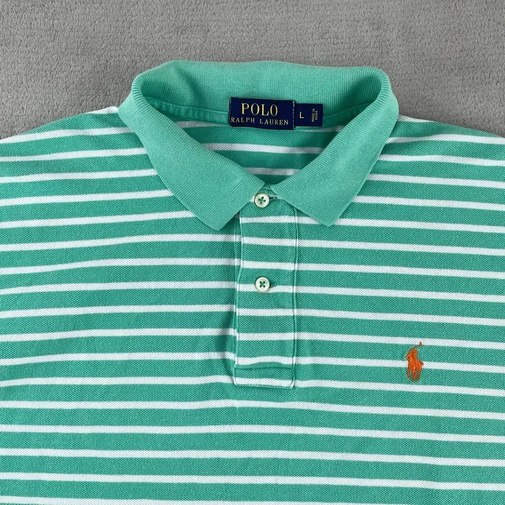 Polo Ralph Lauren Polo Shirt Men Large Aqua Green Striped‎ Orange Pony SS Preppy